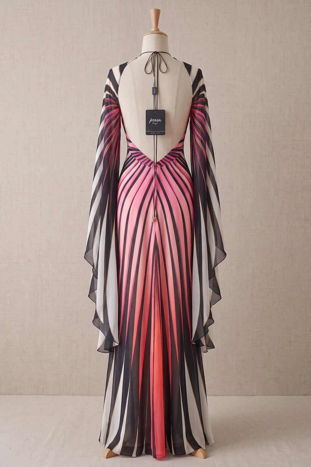 Engineered Radiating Stripe Chiffon Cape Column Gown pink, black, white chiffon gown - product view 4