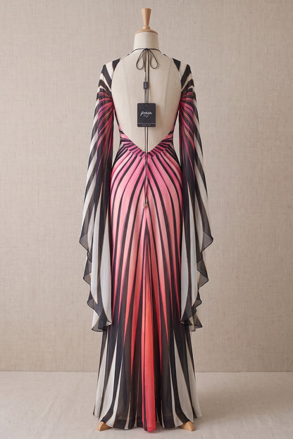 Engineered Radiating Stripe Chiffon Cape Column Gown pink, black, white chiffon gown - product view 4