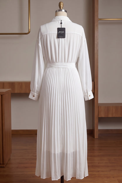 White Semi-Sheer Chiffon Pleated Shirt Dress white semi-sheer chiffon pleated shirt dress - product view 4