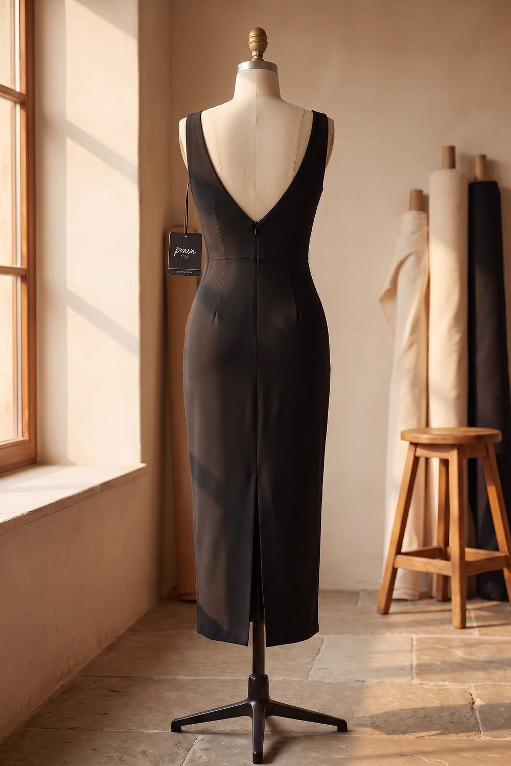 Black Structured Stretch Knit Sheath Midi Dress black structured stretch knit midi dress - product view 4
