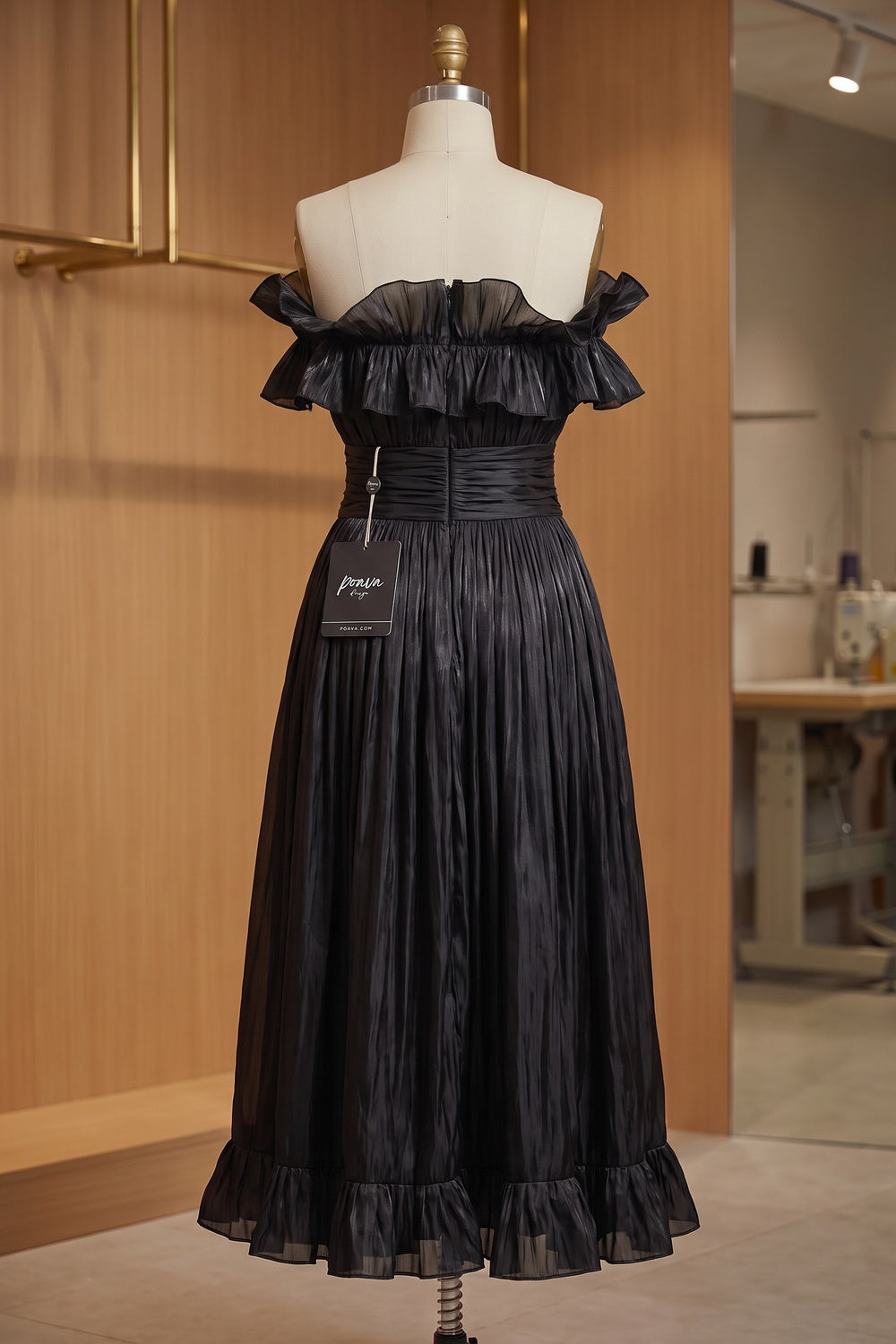 Black Pleated Organza Fit-and-Flare Midi Dress black pleated organza or taffeta dress - product view 4