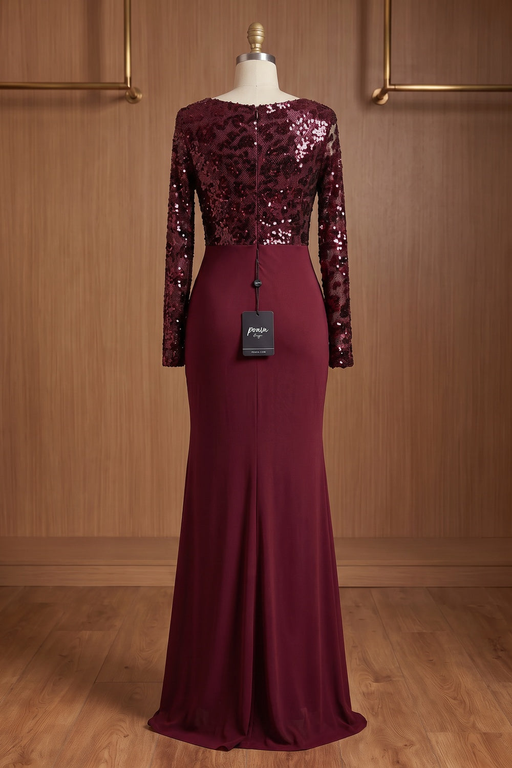 burgundy sequined mesh column evening gown burgundy sequined mesh evening gown - product view 4
