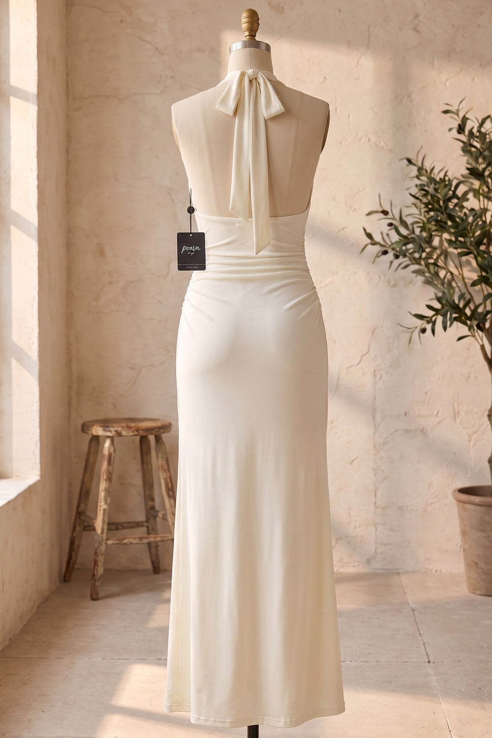 Cream Stretch Jersey Maxi Dress with Halter Neck and Ruched Detail cream, off-white stretch jersey knit dress - product view 4