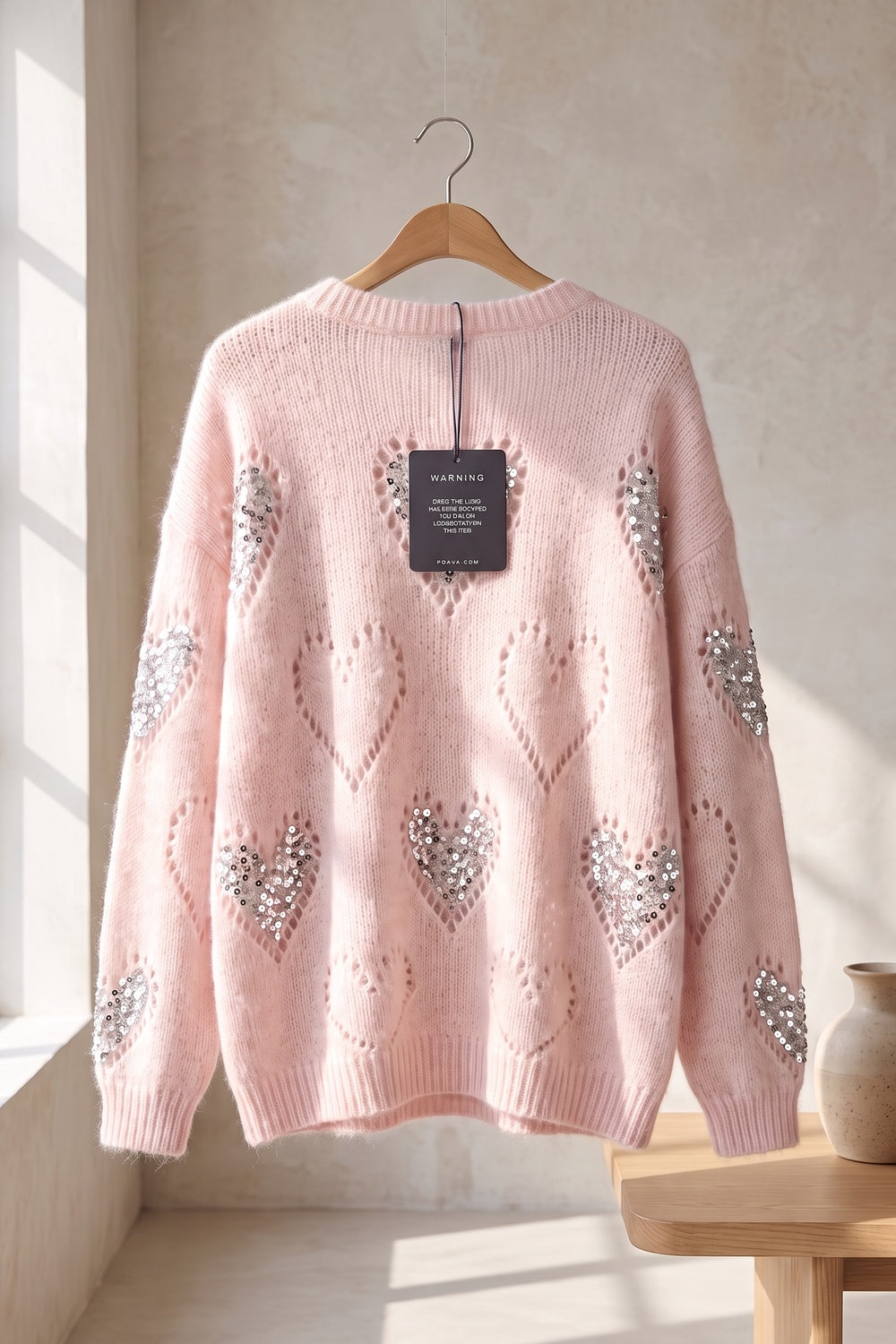 Pale Pink Fuzzy Mohair-Style Knit Oversized Sweater with Heart Motifs pale pink fuzzy mohair-style knit sweater - product view 4