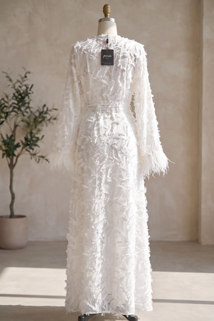 White Textured Eyelash Fabric A-Line Wrap Maxi Dress with Feather Trim white textured eyelash/shredded-ribbon fabric wrap maxi dress - product view 4