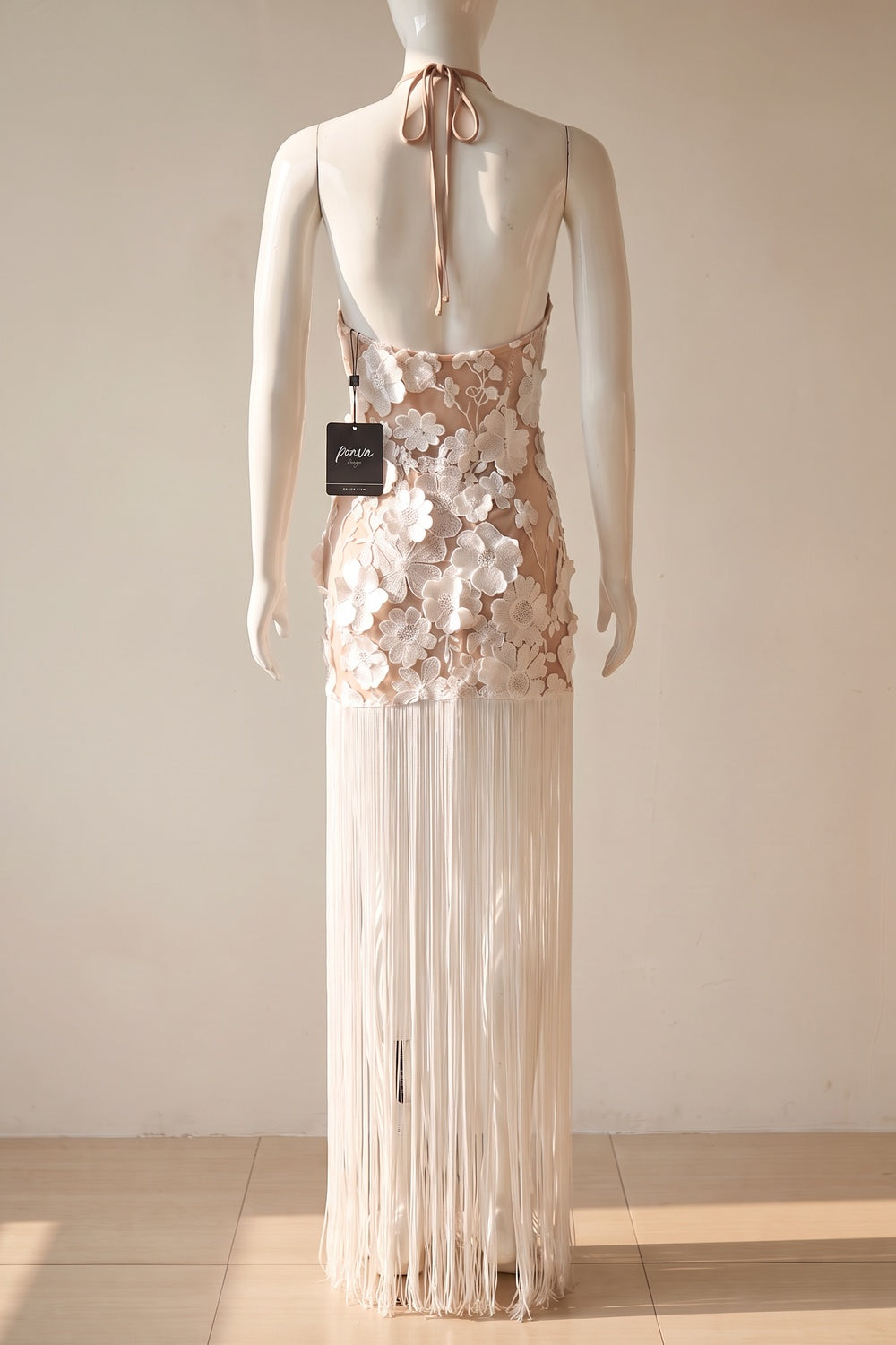 White 3D Floral Mesh Lace Maxi Dress with Fringe Overlay white mesh lace dress - product view 4