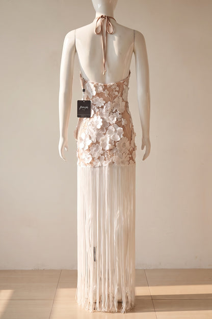 White 3D Floral Mesh Lace Maxi Dress with Fringe Overlay white mesh lace dress - product view 4