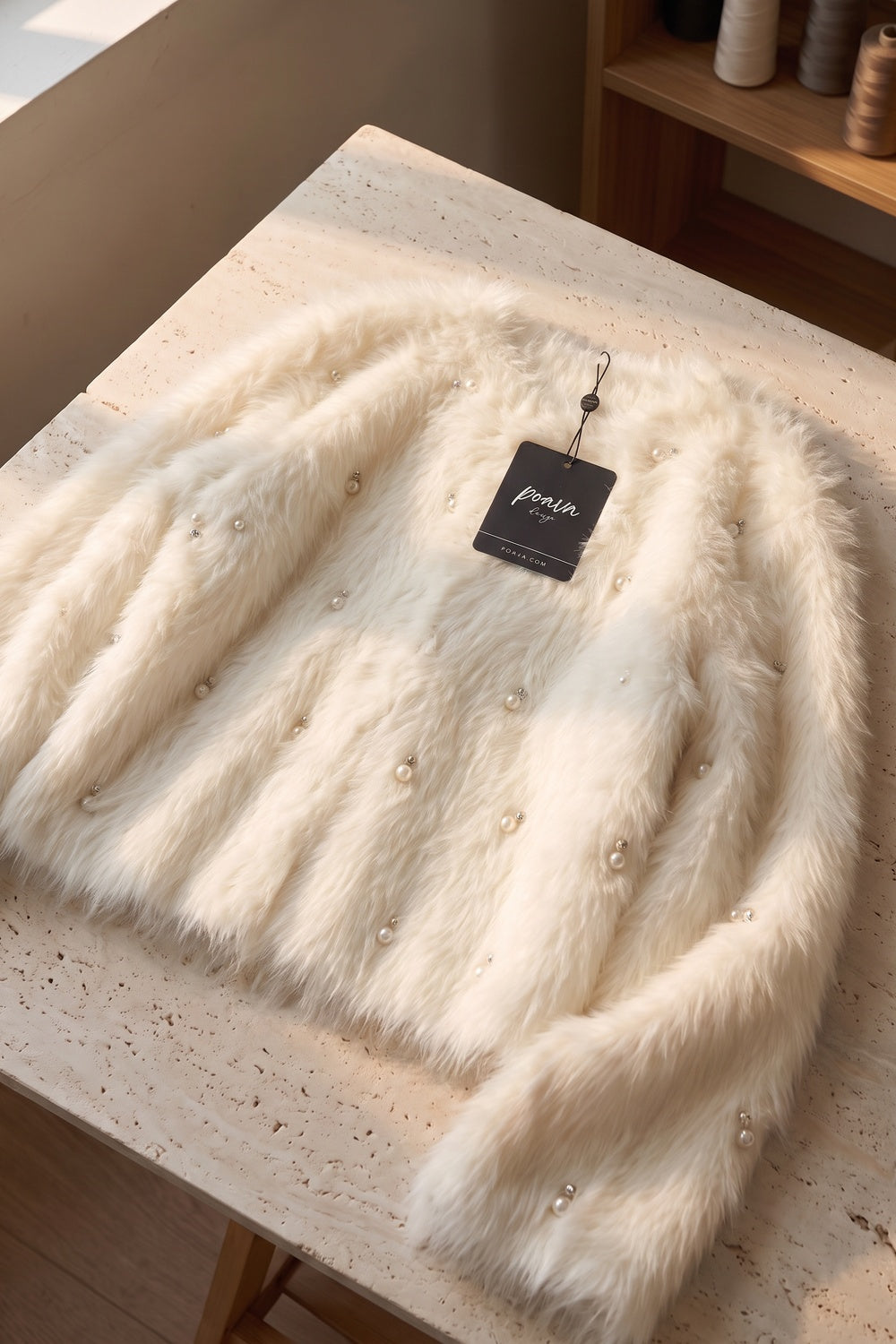 Off-White Faux Fur Shaggy Knit Cardigan With Pearl Embellishments off-white, cream faux fur / shaggy knit cardigan - product view 4
