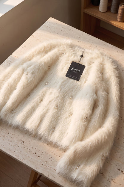 Off-White Faux Fur Shaggy Knit Cardigan With Pearl Embellishments off-white, cream faux fur / shaggy knit cardigan - product view 4
