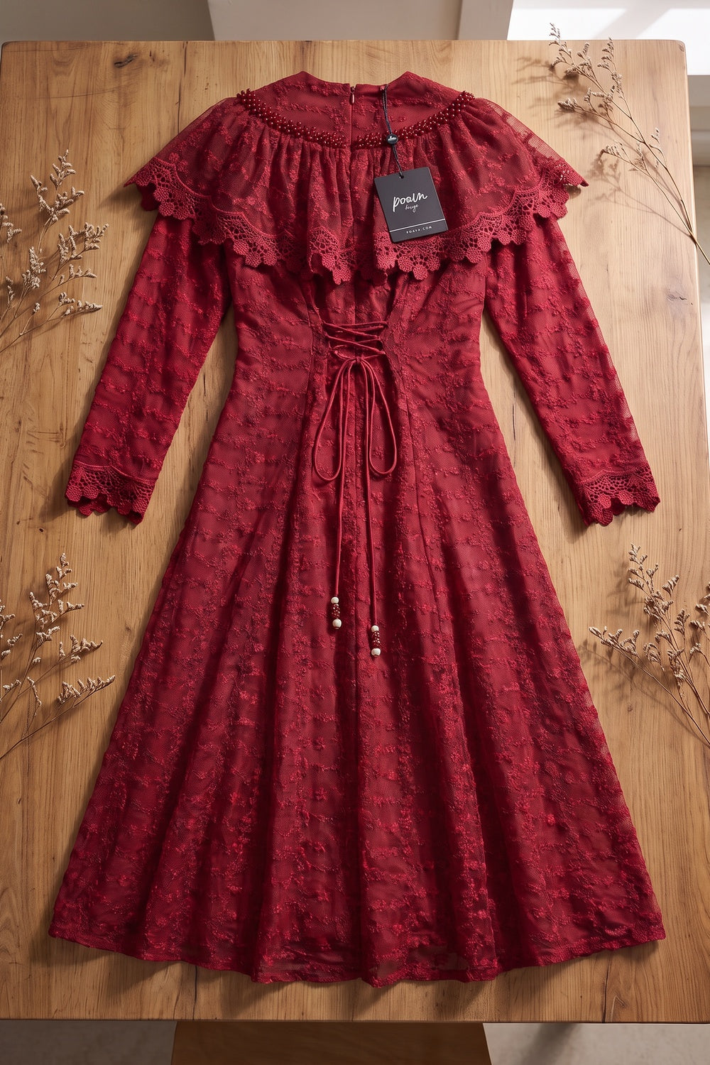 Deep Red Embroidered Floral Lace A-Line Midi Dress deep red embroidered floral lace overlay dress - product view 4