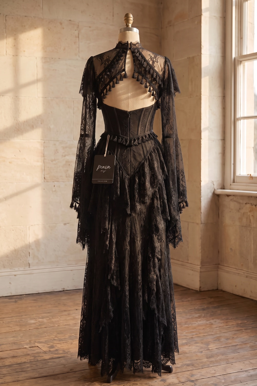 Black Floral Lace A-Line Gown with Structured Bodice and Tiered Skirt black floral lace gown - product view 4