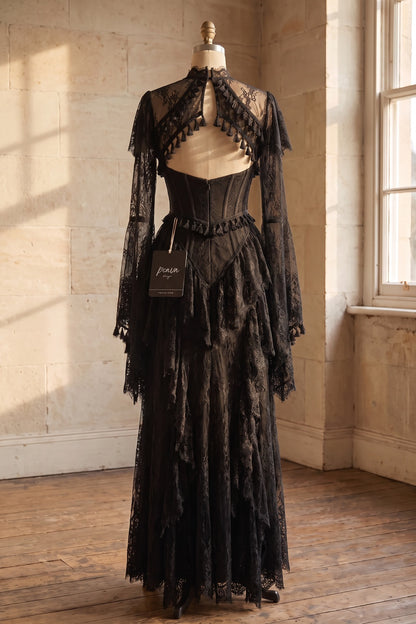 Black Floral Lace A-Line Gown with Structured Bodice and Tiered Skirt black floral lace gown - product view 4
