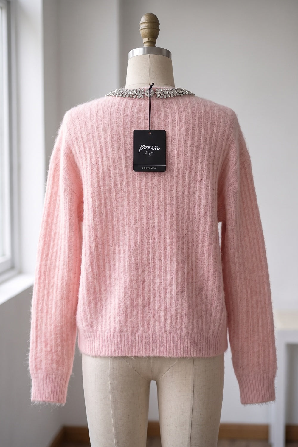 Pastel Pink Mohair-Blend Knit Cardigan with Rhinestone Embellishment pastel pink mohair-blend knit cardigan - product view 4