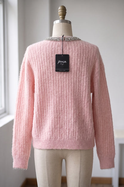 Pastel Pink Mohair-Blend Knit Cardigan with Rhinestone Embellishment pastel pink mohair-blend knit cardigan - product view 4
