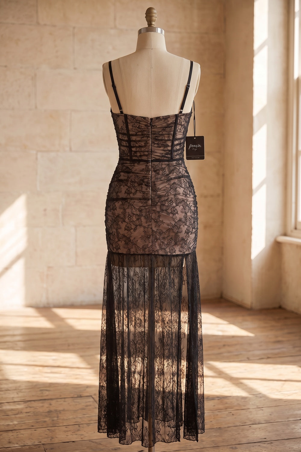 Black Floral Lace Fitted Bustier Maxi Dress with Sheer Skirt black, nude floral lace maxi dress - product view 4