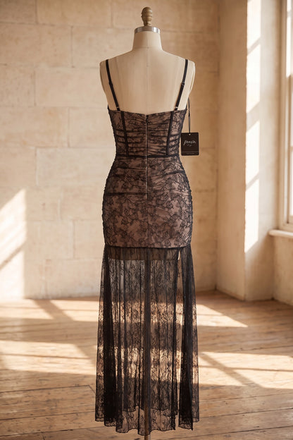 Black Floral Lace Fitted Bustier Maxi Dress with Sheer Skirt black, nude floral lace maxi dress - product view 4