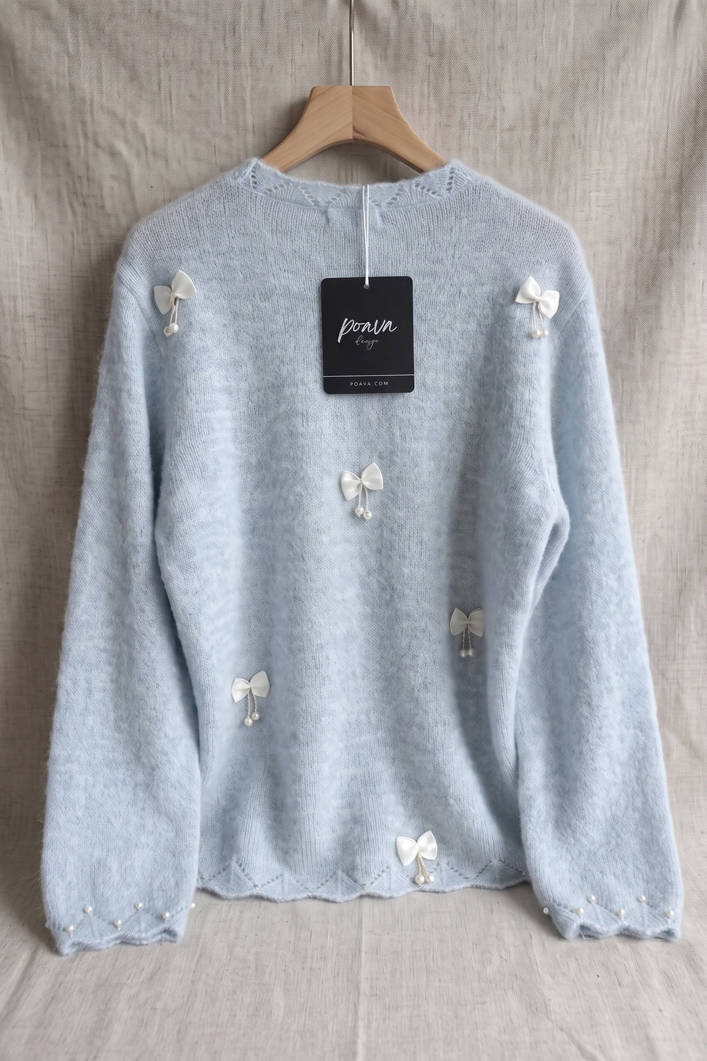 Light Ice Blue Fuzzy Mohair-Blend Knit Sweater light ice blue fuzzy mohair-blend knit sweater - product view 4