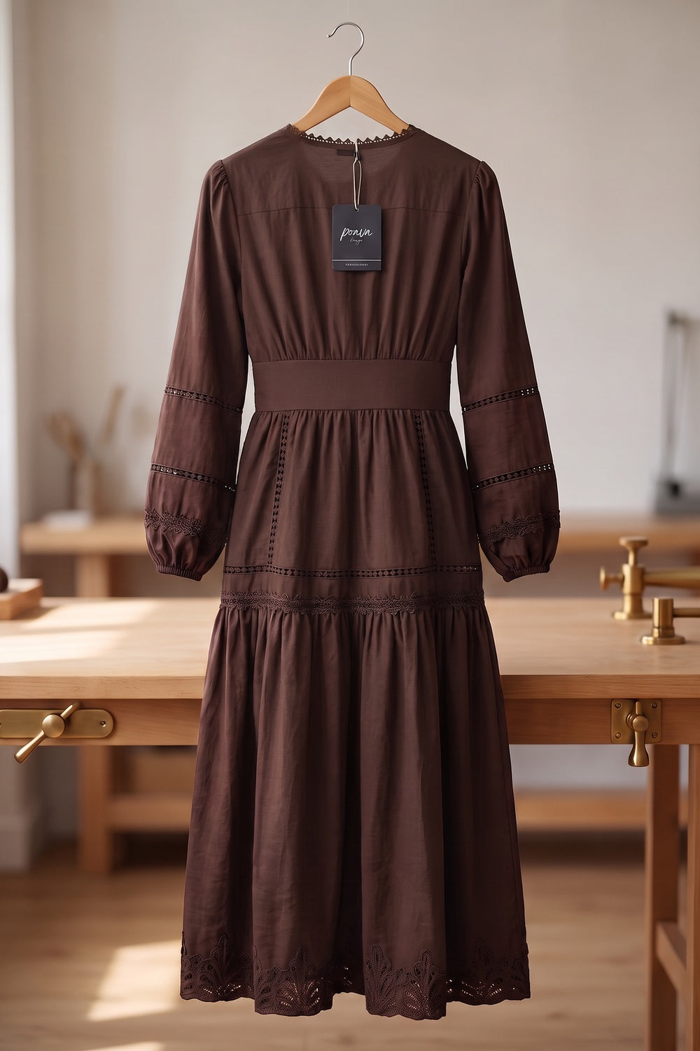 Chocolate Brown Cotton A-Line Tiered Midi Dress with Lace Inserts chocolate brown cotton woven dress - product view 4