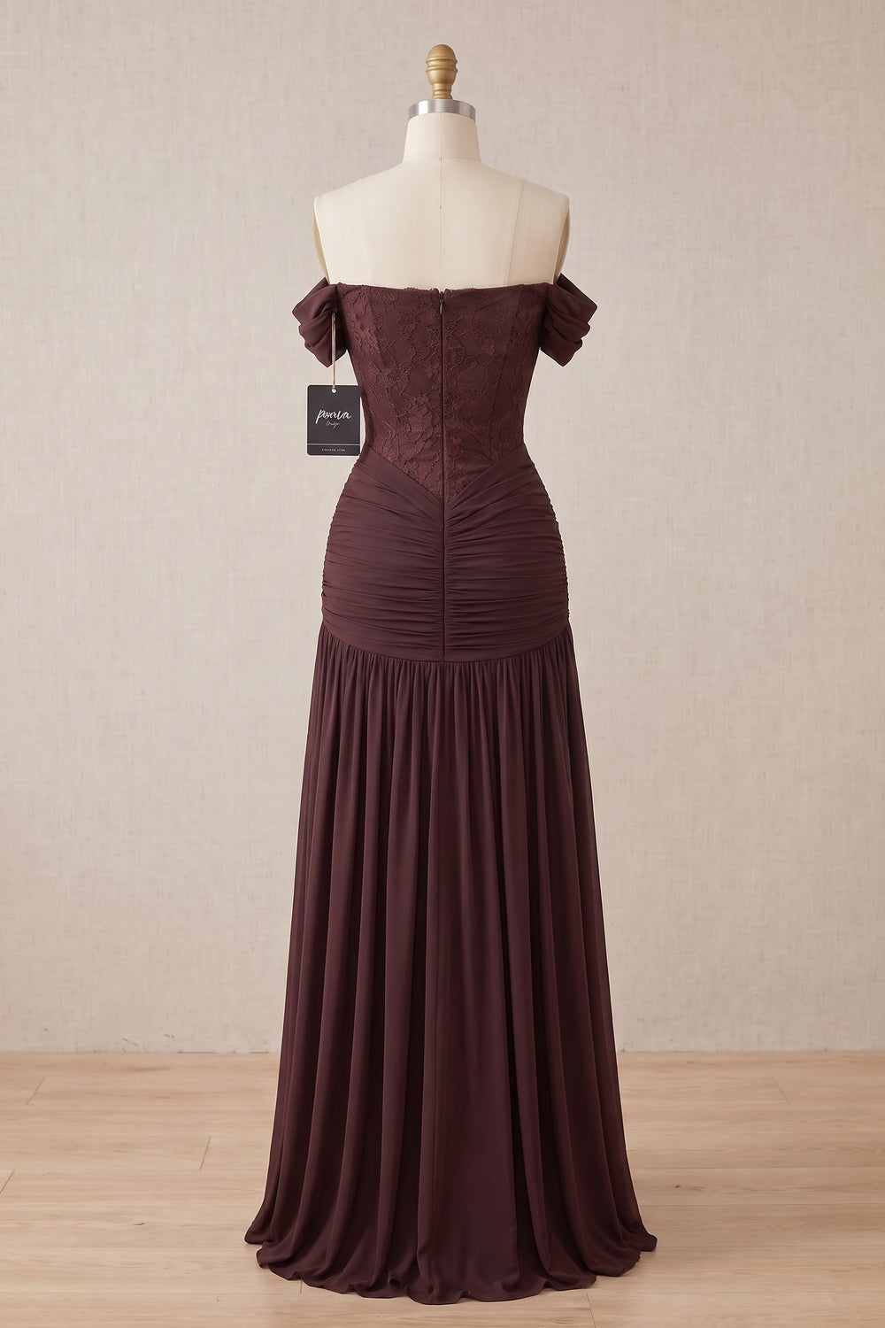 Chocolate Brown Chiffon Mesh Fitted Drop-Waist Gown chocolate brown chiffon mesh gown - product view 4
