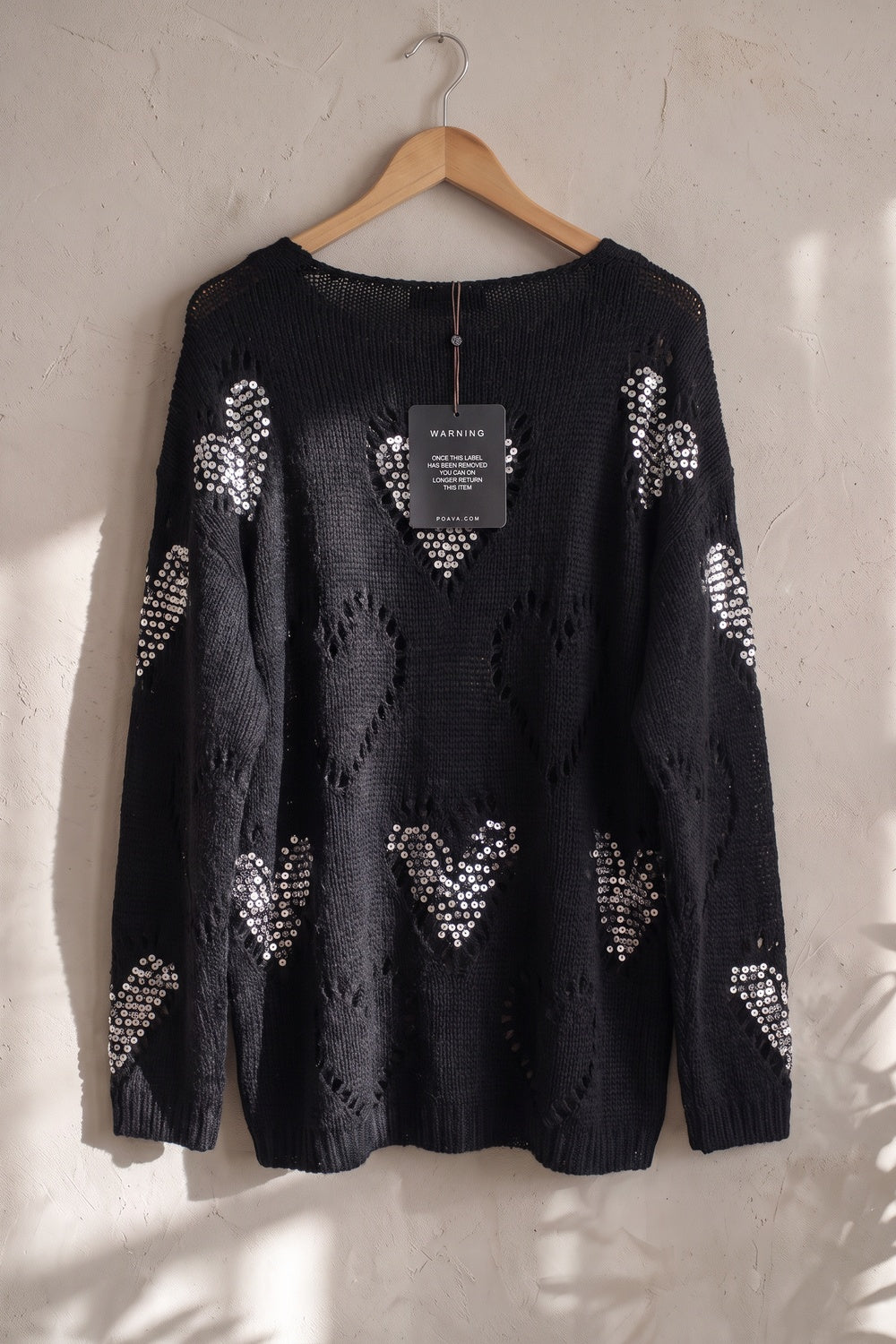 Black Open-Work Knit Oversized Sweater with Silver Sequin Hearts black open-work knit sweater - product view 4