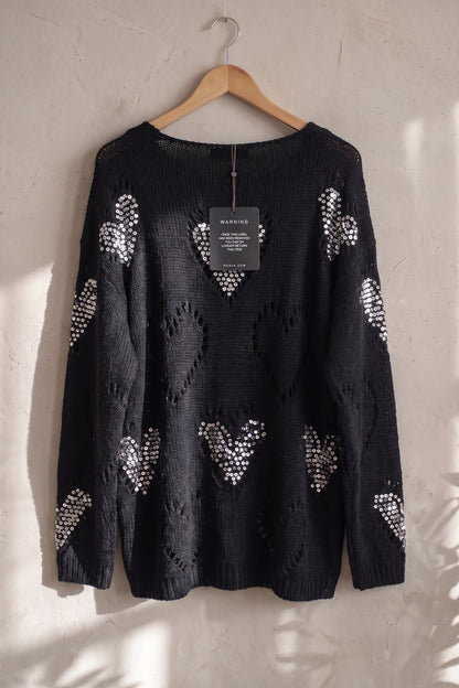 Black Open-Work Knit Oversized Sweater with Silver Sequin Hearts black open-work knit sweater - product view 4