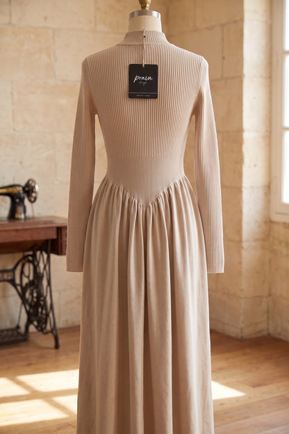 Beige Ribbed Knit Maxi Dress beige knit dress - product view 4