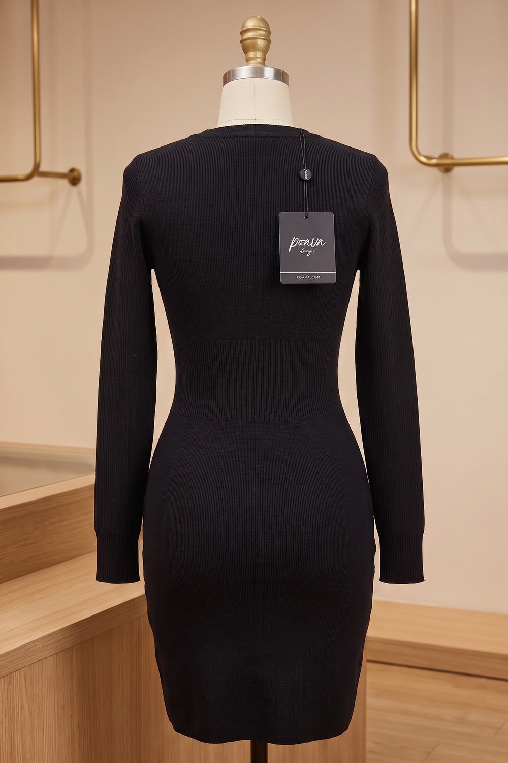 Black Ribbed Knit Bodycon Mini Dress with Gold Embellishment black ribbed knit dress - product view 4
