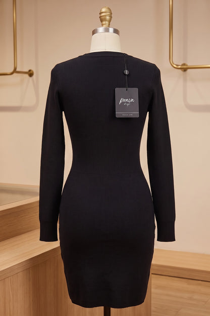 Black Ribbed Knit Bodycon Mini Dress with Gold Embellishment black ribbed knit dress - product view 4
