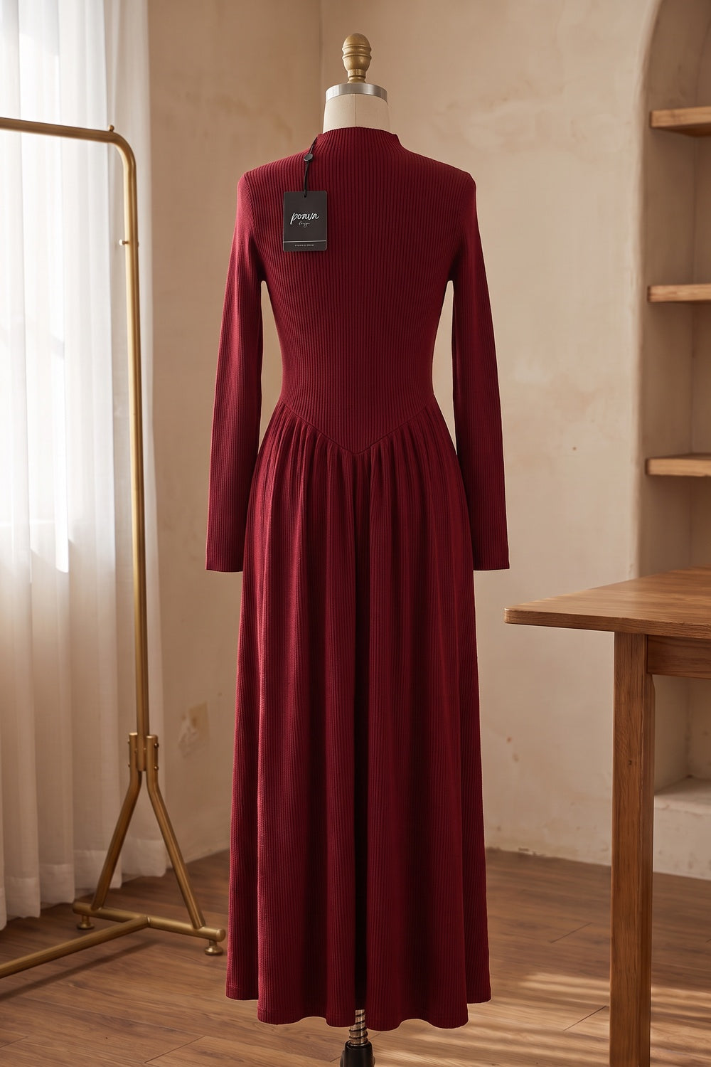 Dark Red Ribbed Knit A-Line Maxi Dress dark red ribbed knit maxi dress - product view 4