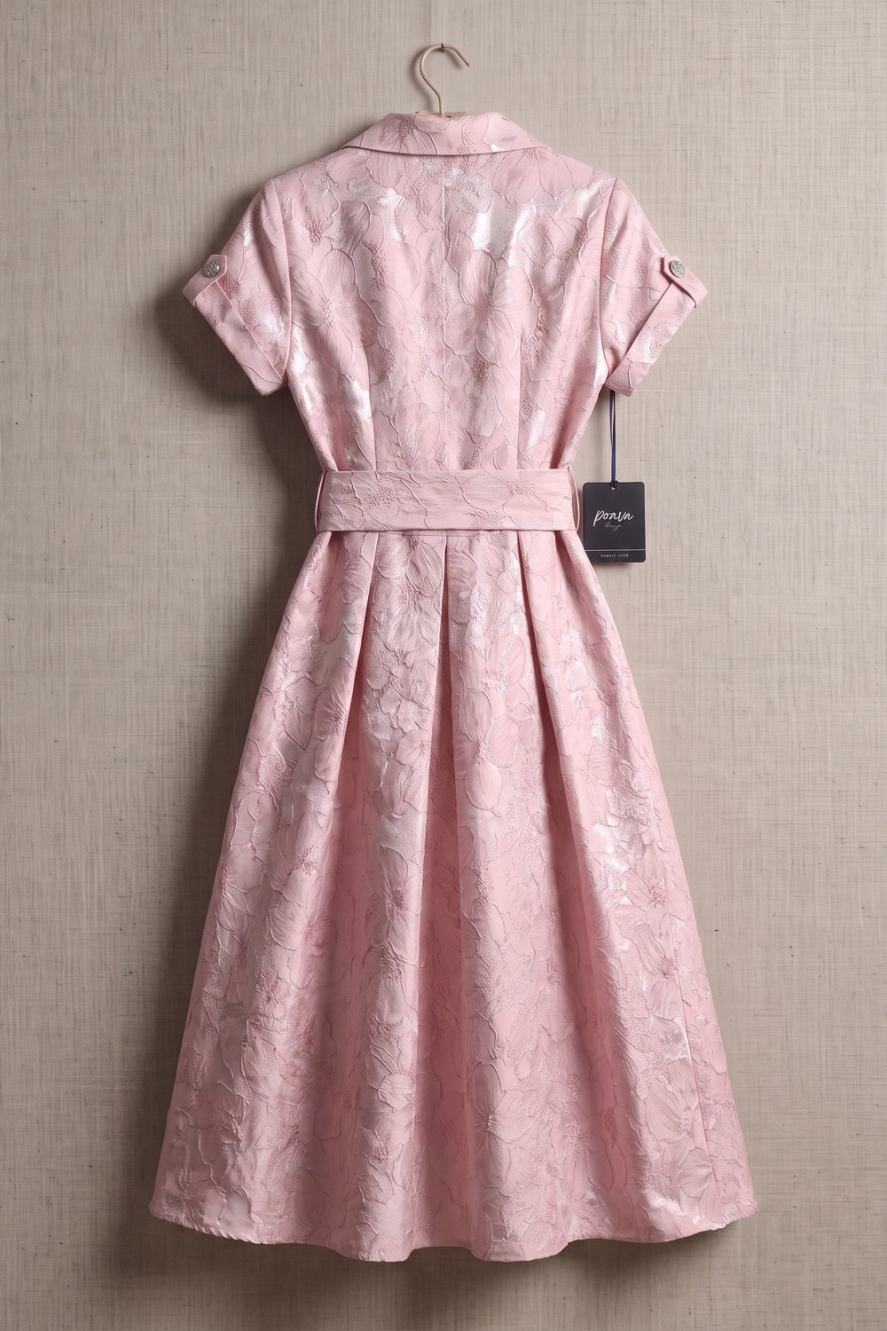 Pale Pink Floral Jacquard Fit-and-Flare Midi Dress with Metallic Sheen Pale pink Floral jacquard / brocade Midi dress - product view 4
