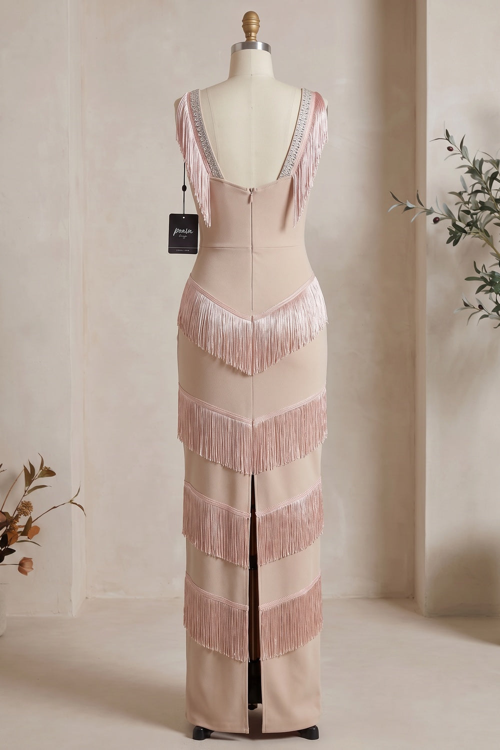 beige heavy stretch knit column evening gown beige heavy stretch knit evening gown - product view 4
