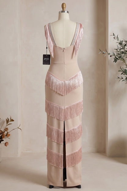 beige heavy stretch knit column evening gown beige heavy stretch knit evening gown - product view 4