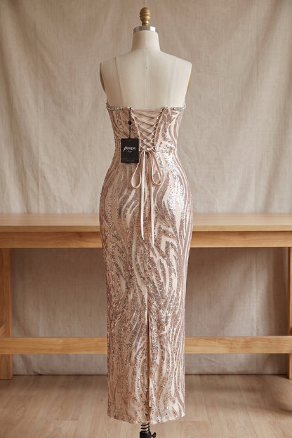 Champagne Gold Sequined Mesh Column Dress champagne gold, rose gold sequined mesh dress - product view 4