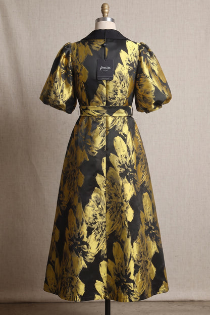 Gold Floral Jacquard A-Line Midi Dress with Contrasted Collar gold, black jacquard dress - product view 4
