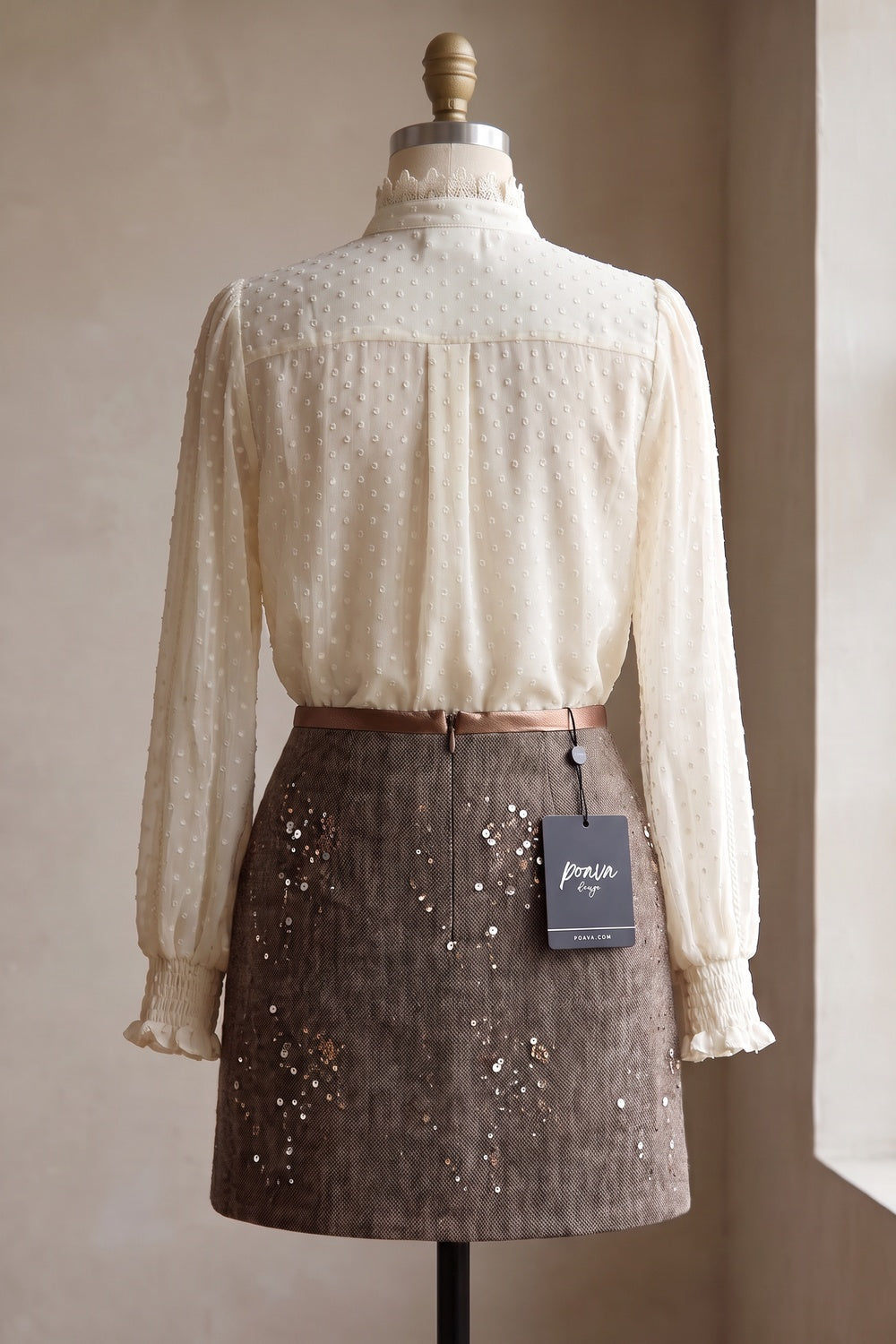 Off-White Dotted Swiss Blouse & Brown Tweed Sequin Mini Skirt Two-Piece Set Off-white, Medium brown Sheer dotted swiss chiffon (blouse); textured wool-blend tweed (skirt) Two-piece set (blouse and mini skirt) - product view 4
