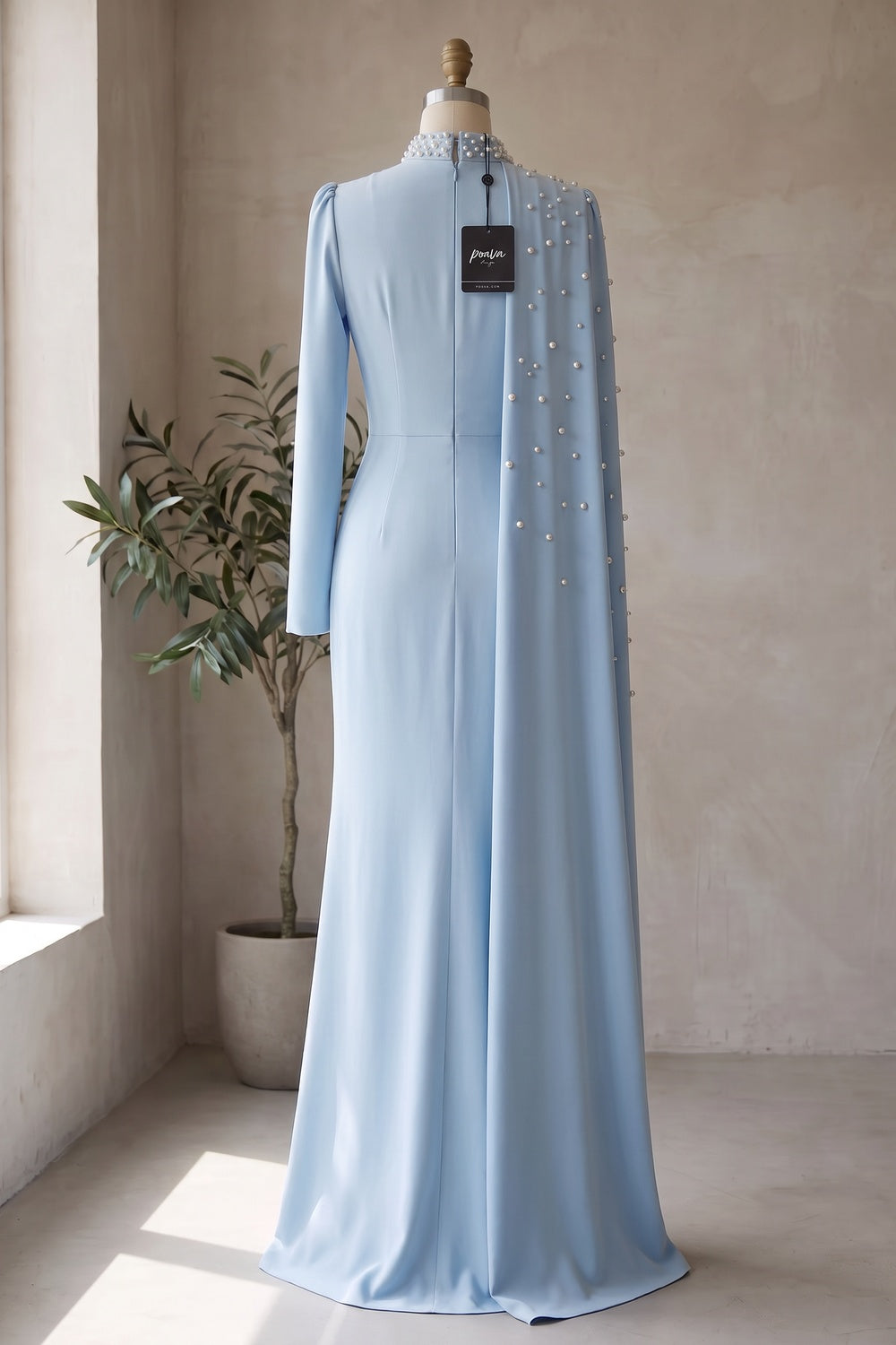 Light Blue Crepe Column with Asymmetrical Cape Evening Gown light blue crepe evening gown - product view 4