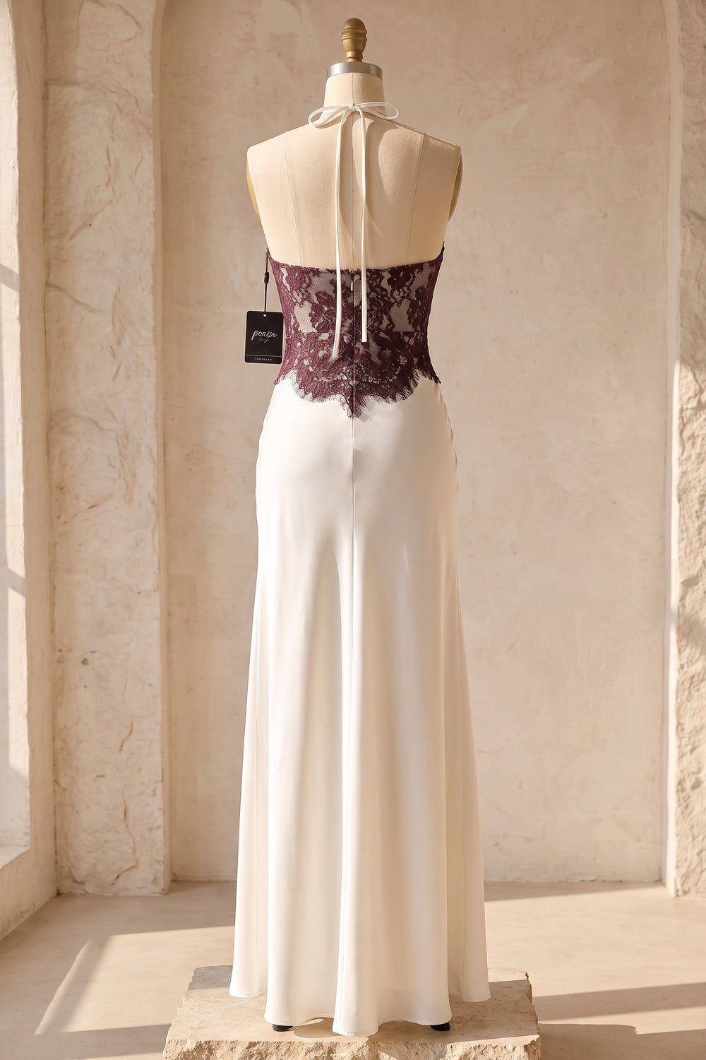 Dark Plum Lace Bodice Satin Column Dress in Ivory ivory satin dress - product view 4