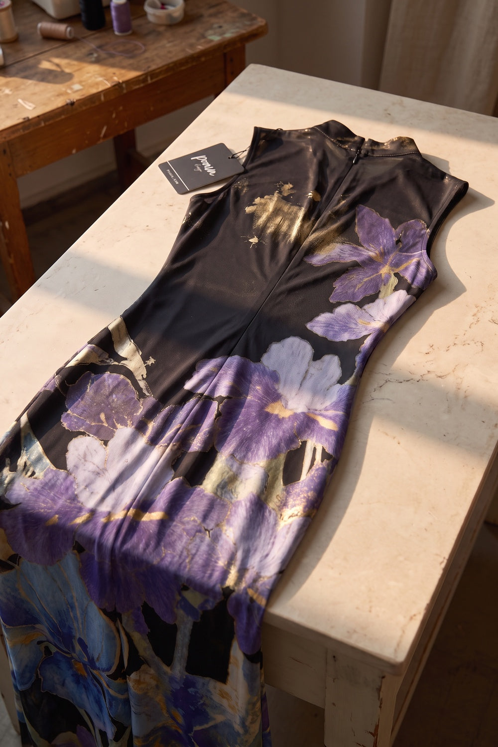 Black Printed Mesh Sheath Maxi Dress with Keyhole Neckline black, purple printed mesh maxi dress - product view 4
