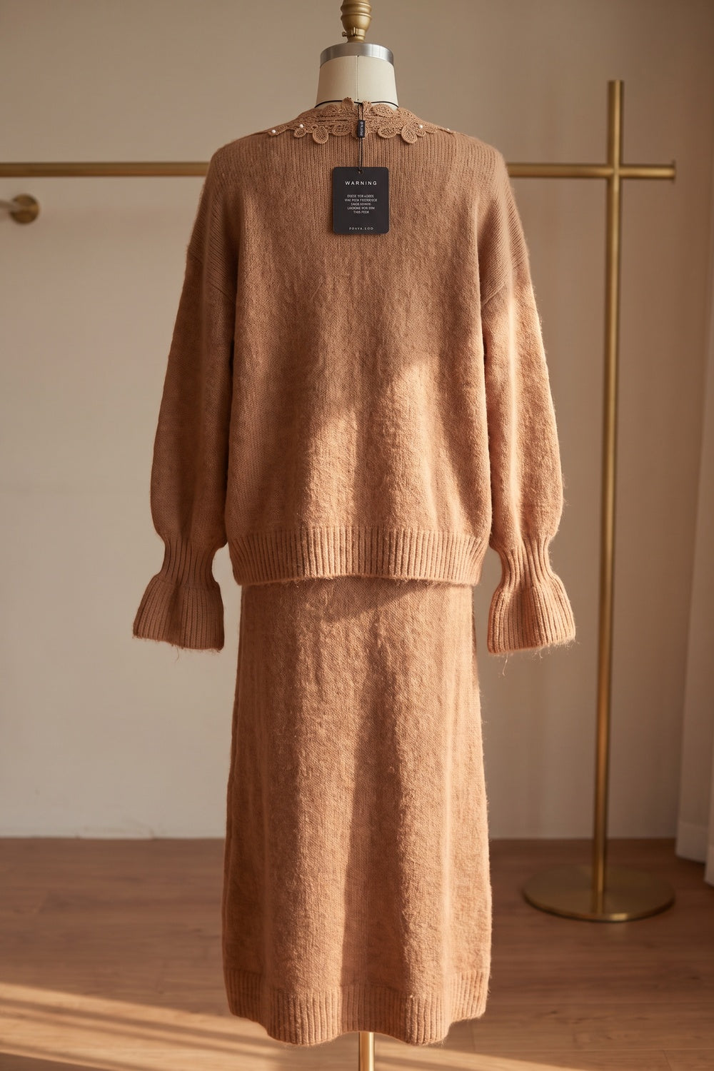 Camel Brown Fuzzy Mohair-Blend Knit Relaxed A-Line Maxi Dress with Open-Front Cardigan Two-Piece Set camel brown fuzzy mohair-blend knit two-piece knit set - product view 4