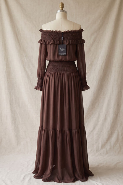 Chocolate Brown Textured Chiffon Blouson Maxi Dress with Tiered Skirt chocolate brown textured chiffon maxi dress - product view 4