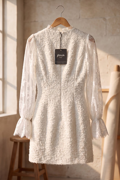 White Textured Bouclé Tweed Sheath Dress with Floral Lace Sleeves white textured bouclé tweed dress - product view 4