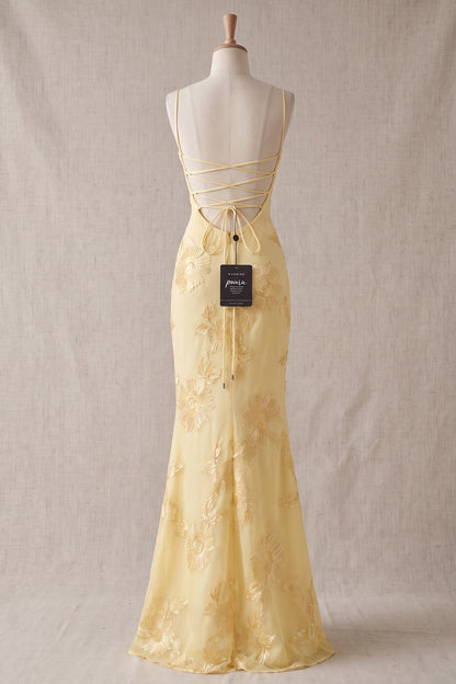 Pale Yellow Embroidered Organza Overlay Mermaid Gown pale yellow embroidered organza overlay gown - product view 4