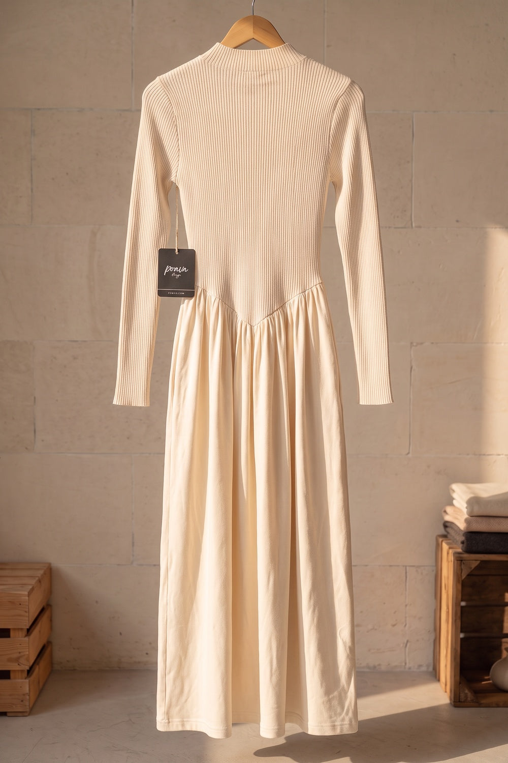 Cream Ribbed Knit Fitted Bodice with Gathered A-Line Skirt Dress cream ribbed knit dress - product view 4