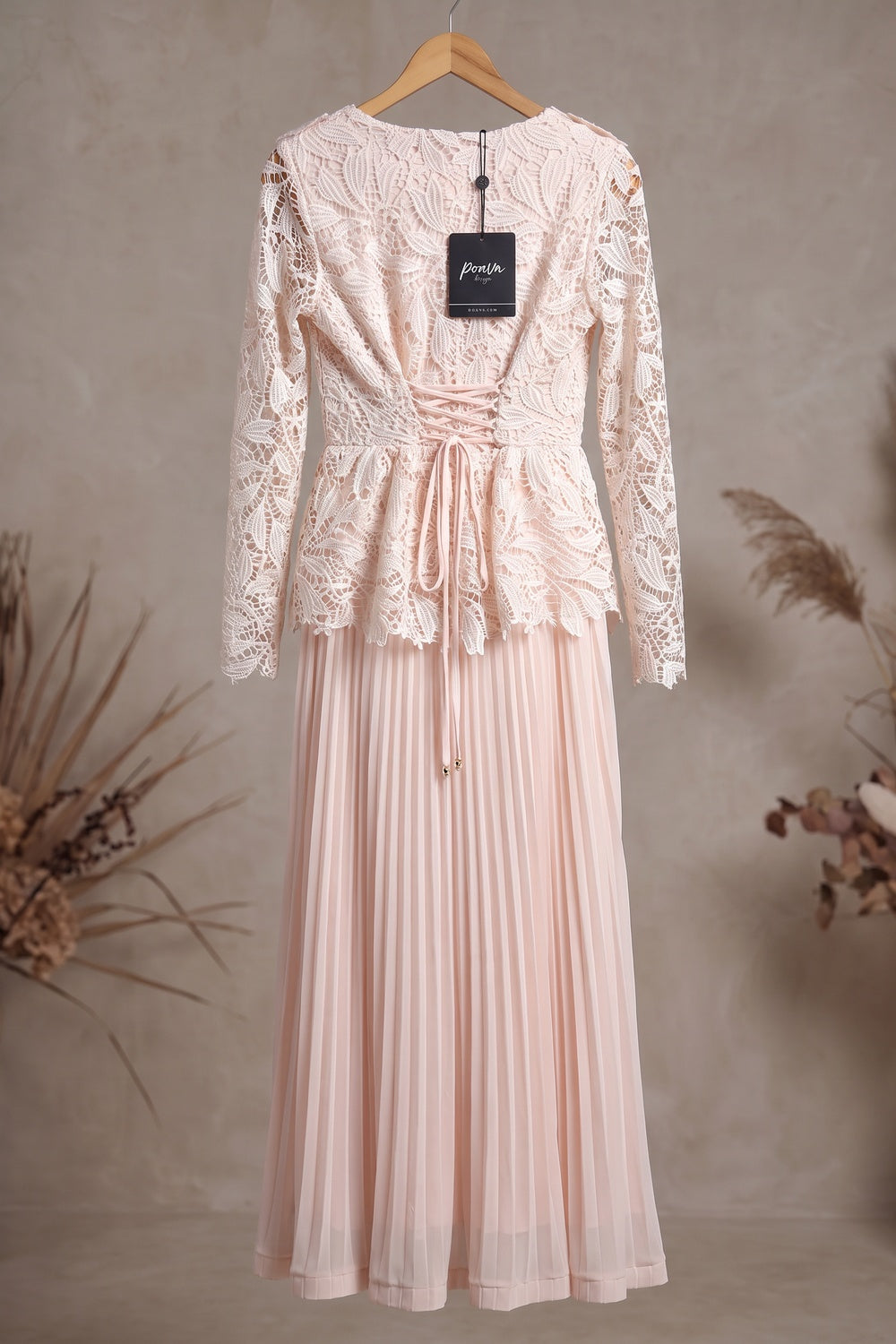 Pale Blush Pink Lace Fitted Peplum Top with A-Line Maxi Skirt Two-Piece Set pale blush pink lace two-piece set - product view 4