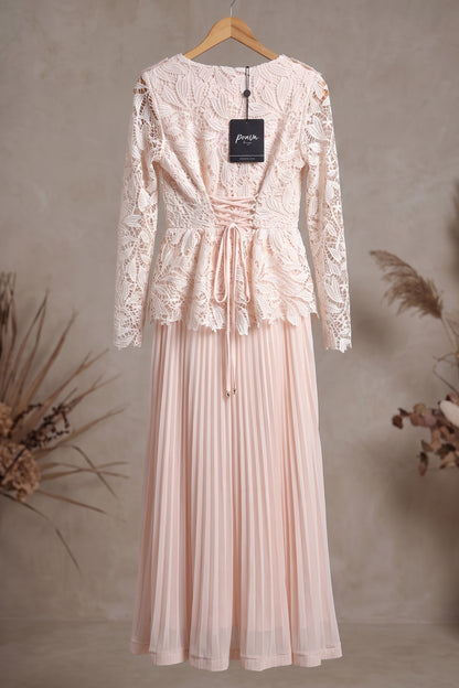 Pale Blush Pink Lace Fitted Peplum Top with A-Line Maxi Skirt Two-Piece Set pale blush pink lace two-piece set - product view 4