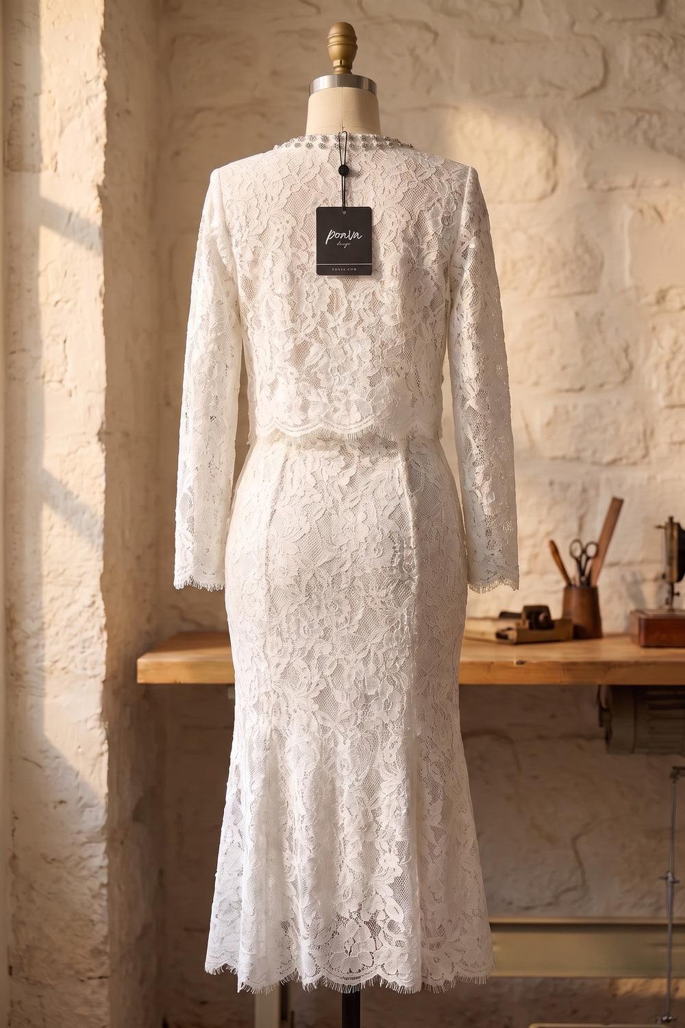 White Floral Corded Lace Two-Piece Skirt Suit White Floral corded lace Two-piece skirt suit - product view 4