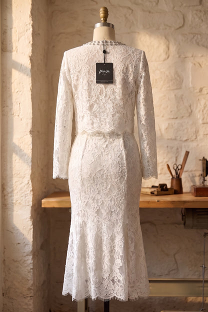 White Floral Corded Lace Two-Piece Skirt Suit White Floral corded lace Two-piece skirt suit - product view 4