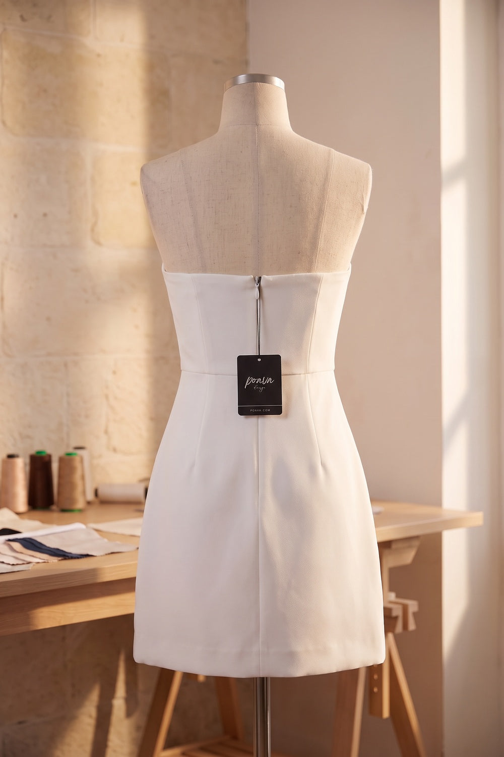 White Structured Crepe Mini Dress with Floral Embroidered Appliques white structured crepe dress - product view 4
