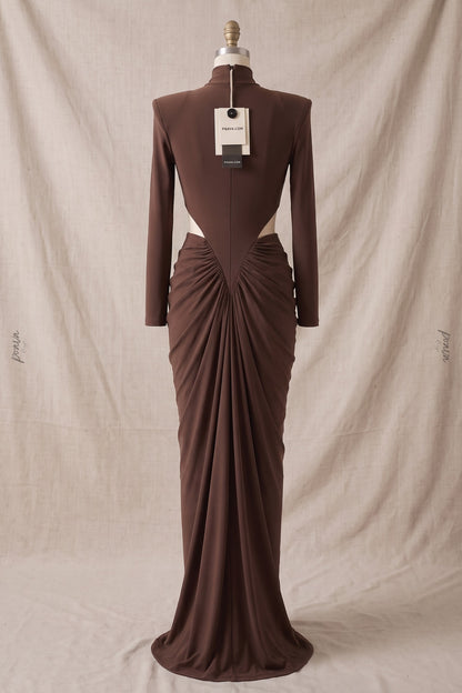 Chocolate Brown Matte Jersey Column Gown with Structured Shoulders chocolate brown matte stretch jersey gown - product view 4