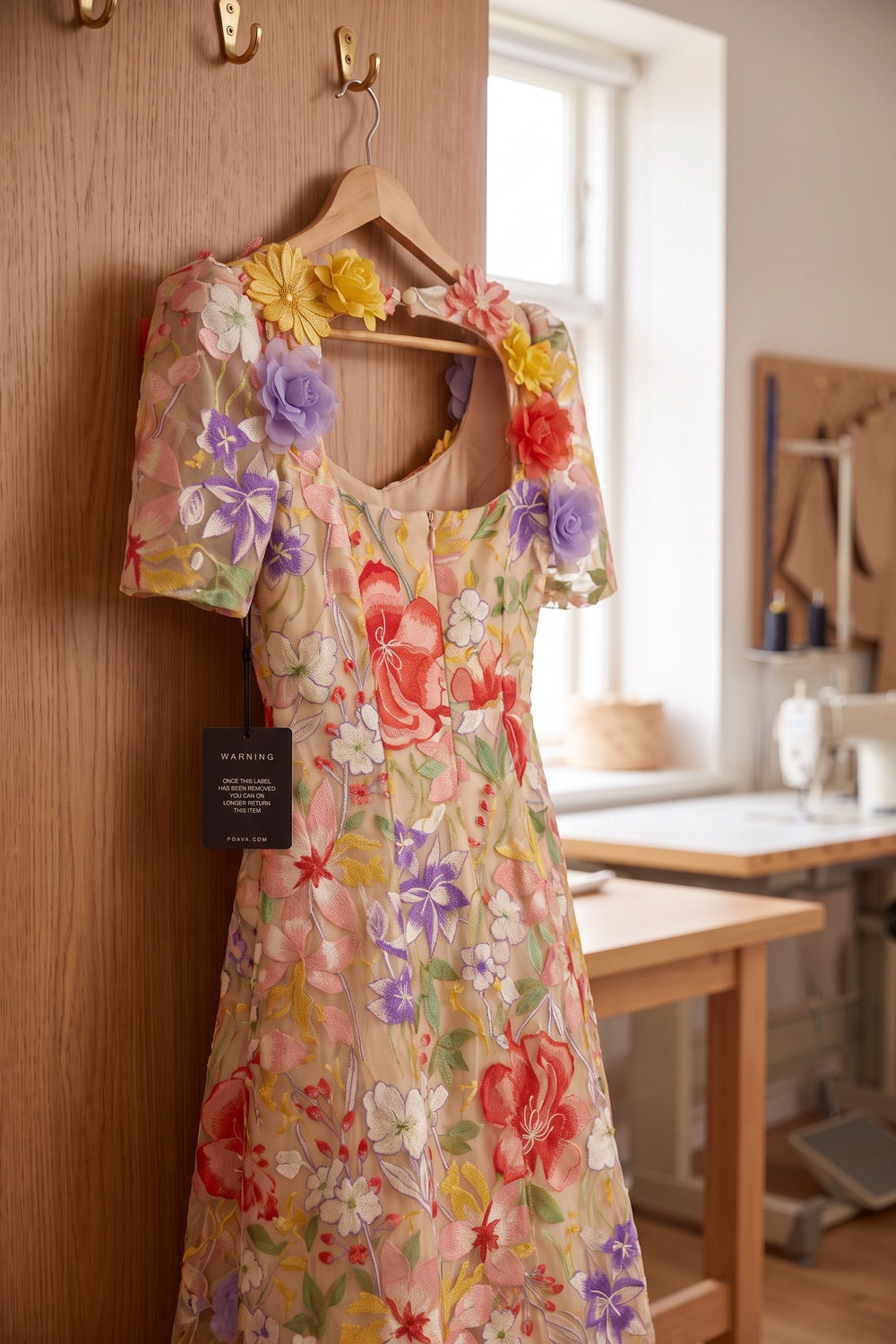 Nude Sheer Organza A-Line Midi Dress with Multicolor 3D Floral Embroidery nude, beige sheer organza overlay dress - product view 4
